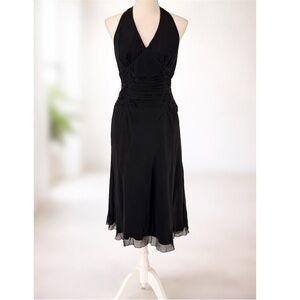 Spenser Jeremy Silk Halter Midi Dress‎ Ruched 90s Y2K Black Size 8 Vintage Chic